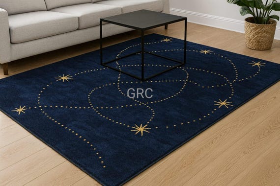 Navy Star Rug: Modern Galaxy Design, Soft Area Carpet