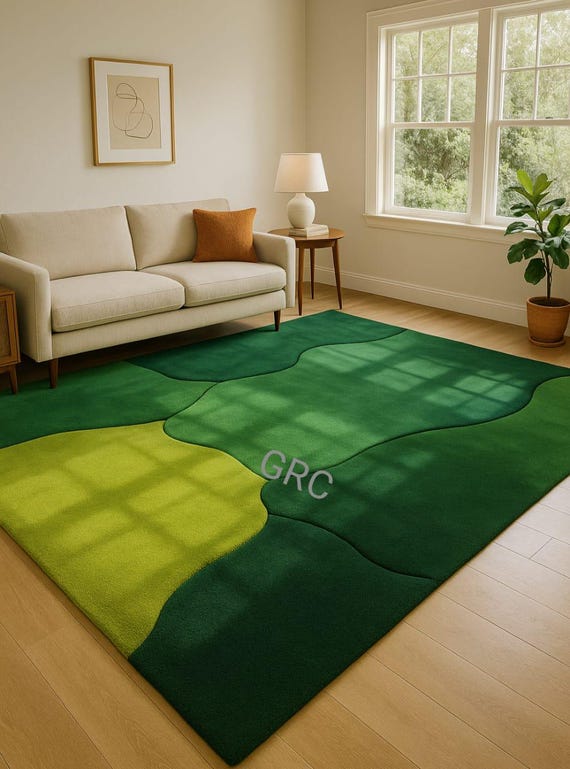 Handmade Green Wool Area Rug: Moss-Inspired Abstract Design