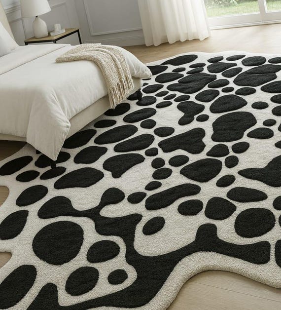 Black and White Abstract Cow Print Rug: Modern Living Room Decor