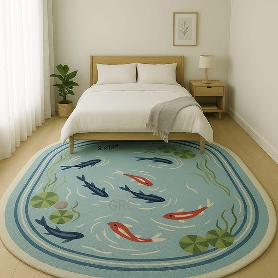Hand-Tufted Wool Rug, Koi Fish Pond Design, Modern Nursery Rug