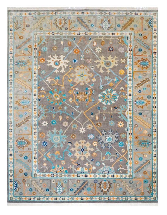 Grey Oushak Rug: Handmade Turkish Floral Wool Carpet