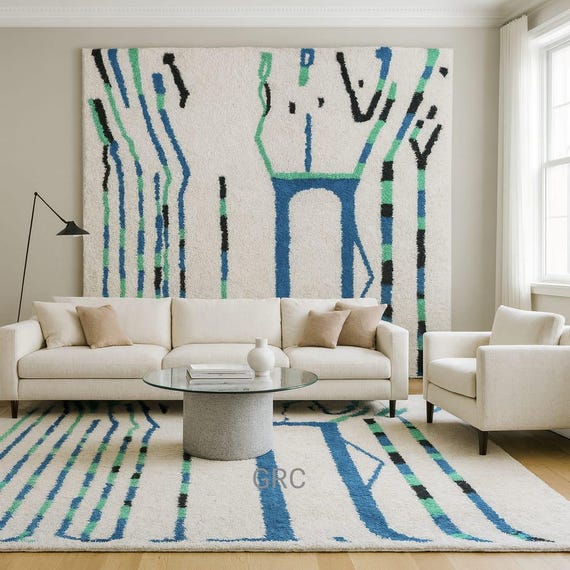 Hand-Tufted Wool Rug: Abstract Scandinavian Decor, Cream with Blue & Green