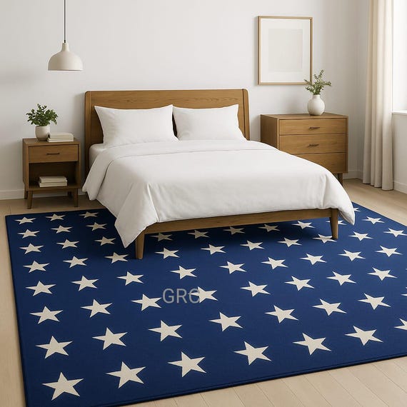 Navy Blue Star Rug: Modern Minimalist Bedroom Carpet