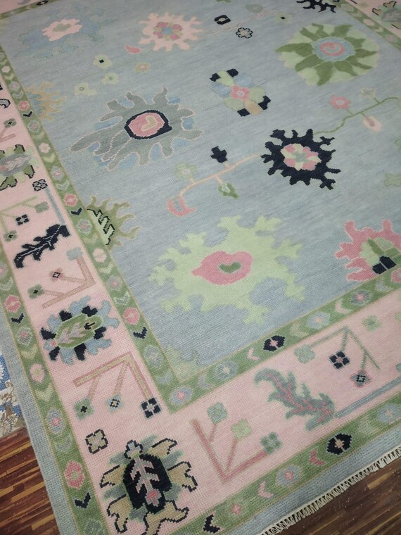 Handmade Light Blue Wool Rug: Pastel Floral Oushak Turkish Style