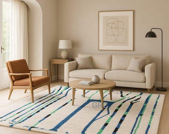 Hand-Tufted Wool Rug: Abstract Scandinavian Decor, Cream with Blue & Green