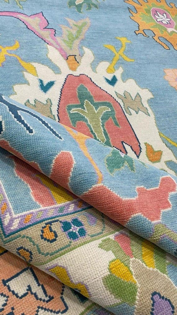 Blue Floral Oriental Rug: Hand Knotted Style, Boho Decor (9x12)