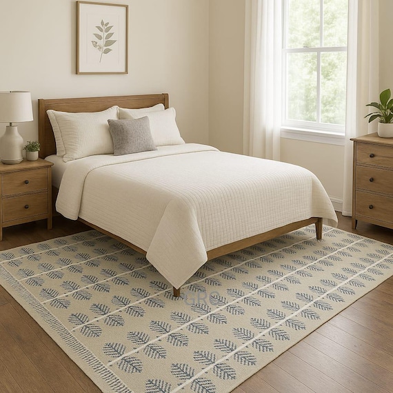 Handmade Beige Wool Oushak Rug: Blue Leaf Turkish Style Carpet