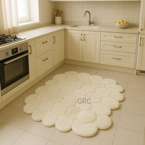 Cream Flower Rug: Shaggy Plush Daisy Mat for Minimalist Decor