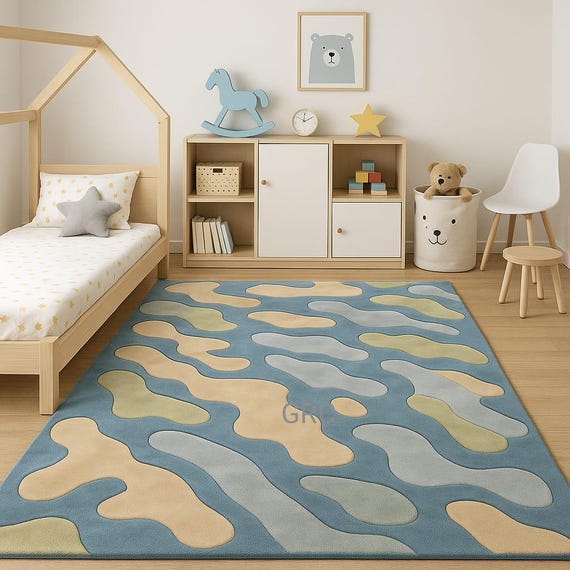 Modern Abstract Wave Rug – Blue, Beige & Olive Pattern for Bedroom Décor 8x10,9x12 size