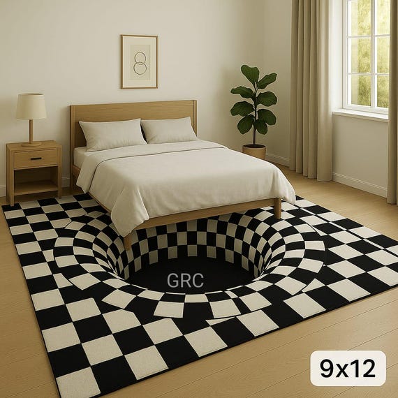 3D Illusion Round Rug: Black & White Checkered Vortex