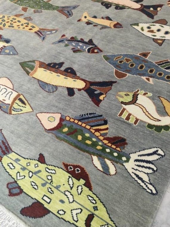 Handwoven Wool Rug: Colorful Fish, Ocean Theme - Kids Room Decor