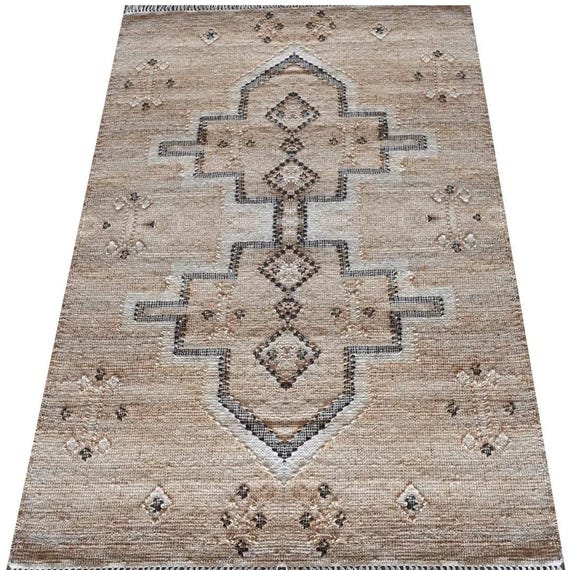 Handmade Beige Cotton Area Rug | Tribal Geometric Design