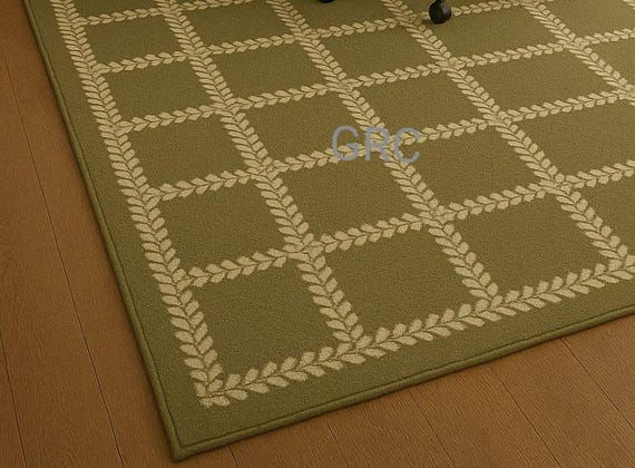 Olive Green Leaf Grid Rug, Modern Wool Area Carpet