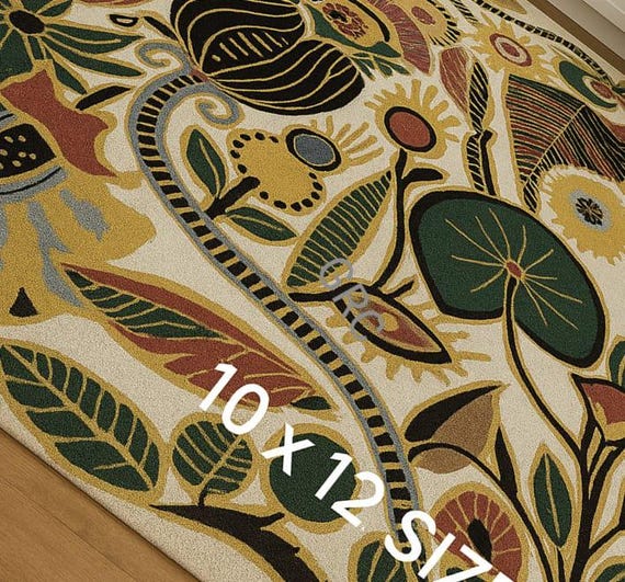 Handmade Floral Wool Rug: 10x12 Abstract Botanical Carpet