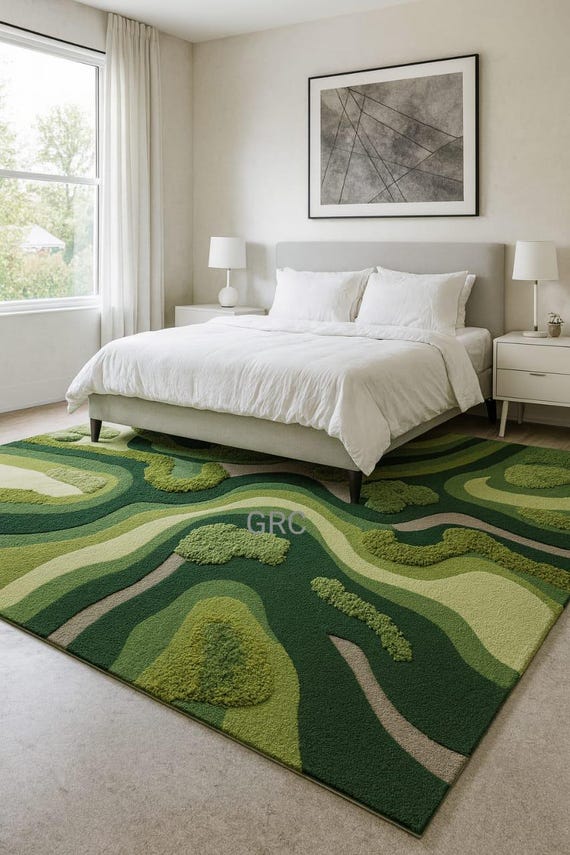 Hand-Tufted Wool Kids Rug: 3D Moss Green Landscape Carpet
