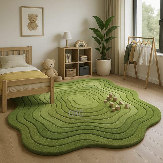 Green Wavy Kids Rug, Hand-Tufted 3D Nursery Carpet