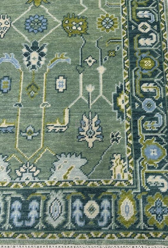 Handmade Wool Oushak Rug: Moss Green Turkish Vintage Carpet