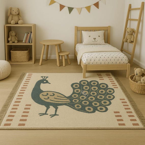 Handmade Wool Peacock Rug: Modern Kids Room Carpet