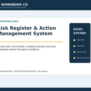 Può includere: Un sistema digitale di registro dei rischi e gestione delle azioni per Microsoft Excel. Il documento presenta il testo FM WORKBOOK CO, Operational Risk, ed elenca componenti tra cui un file pulito, demo, guida e licenza aziendale.
