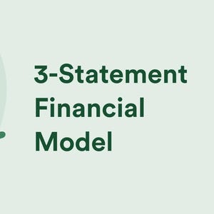May include: Illustration of a person using a laptop, with dollar signs floating above. A chart and text that reads "3-Statement Financial Model" are also present. The color palette includes green, blue, and white.