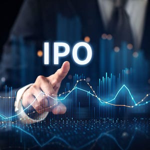 May include: A person's hand pointing at the word "IPO" in white, set against a backdrop of a rising stock chart. The chart is rendered in shades of blue with glowing lines and data points, suggesting financial growth and investment.