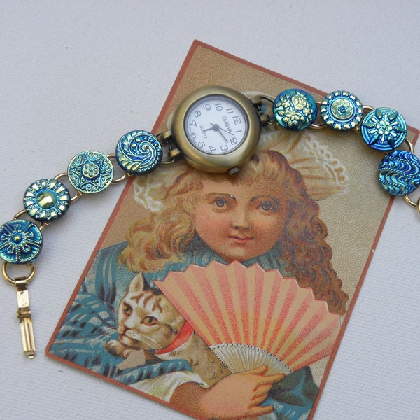 BUTTON WATCH Victorian IRRIdescent  Lustre GLass Treasury Item Czech Glass