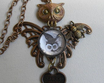 STEAMPUNK OWL BEE Holds The sECRET kEY nECKLACE Copper Butterfly Stamping Owl Head