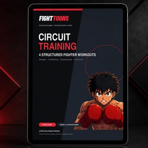 Puede incluir: Una tableta digital que muestra una guía de entrenamiento titulada FIGHTTOONS CIRCUIT TRAINING 4 STRUCTURED FIGHTER WORKOUTS. La pantalla presenta una ilustración estilo anime de una persona musculosa con cabello negro y guantes de boxeo rojos.