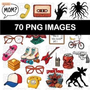 Puede incluir: Colección de 70 imágenes PNG con elementos retro y de cultura pop. Incluye una cinta de cassette, patines, una patineta, una guitarra, una gorra de béisbol y un teléfono. También incluye el texto "MOM?" y "YOU SUCK".