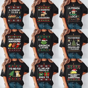 May include: A collection of black t-shirts with various Christmas-themed designs. Each shirt features a unique graphic and text, including phrases like "A Dónde Irán," "Mi Burrito," and "Taco 'Bout a Merry Christmas." The designs incorporate festive elements.