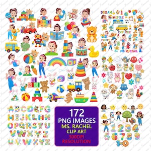 May include: A collection of 172 PNG images featuring colorful clip art. The images include children, toys, animals, letters, numbers, and the text "MS. RACHEL CLIP ART 300DPI RESOLUTION". The images are suitable for children's projects.