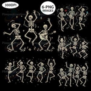 Può includere: Sei immagini PNG di scheletri danzanti su sfondo nero con stelle. Alcuni scheletri suonano strumenti, altri ballano con le braccia alzate. Le immagini hanno un design cosmico. Il testo '6-PNG IMAGES' è visibile.