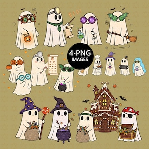 May include: A set of cartoon ghosts in Halloween costumes, such as witches, doctors, and pirates. Some ghosts are holding pumpkins, potions, and sweets. The image includes the text "4-PNG IMAGES".