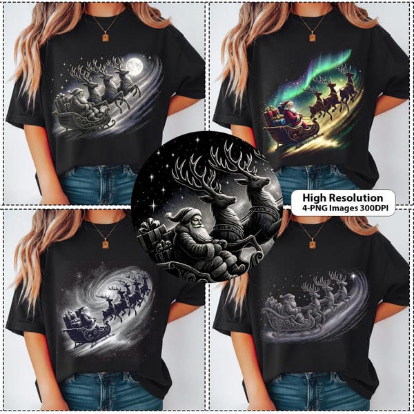 Vintage Santa Sleigh Ride PNG, Retro Christmas Clipart Bundle - Reindeer Night Sky Art for Holiday DTF/DTG T-Shirt Design