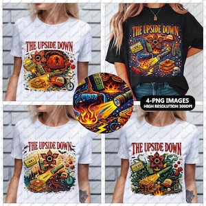 Peut inclure: T-shirts blancs et noirs avec l'inscription "THE UPSIDE DOWN" et des graphiques colorés. Les motifs présentent un Démogorgon, une cassette, une lampe de poche et d'autres éléments. L'image comprend également un graphique circulaire avec des flammes et une lampe de poche.