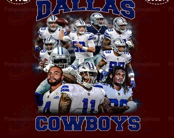 May include: A digital graphic featuring the Dallas Cowboys football team in their white and blue uniforms. The word "DALLAS" is arched across the top, with "COWBOYS" below. The image includes the text "PNG", "300DPI", "Pixepeakcreations", and "Original Size".
