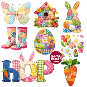 Könnte beinhalten: Eine Sammlung farbenfroher Ostermotive im Patchwork-Stil. Enthält einen Schmetterling, ein Vogelhaus, ein Kaninchen, Gummistiefel, ein Osterei, Blumen, das Wort "HOP" und eine Karotte. Die Bilder sind aus Stoff und haben einen handgefertigten Look.