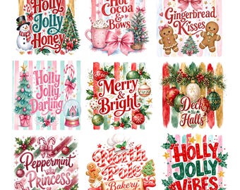 Retro Pink Christmas Watercolor PNG Bundle, Whimsical Holiday Sublimation Designs (Digital Download)