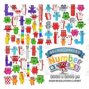 Puede incluir: Una colección de coloridos personajes de Numberblocks en varias formas y tamaños, con brazos y rasgos faciales. La imagen incluye el texto "65+ PNG IMAGES" y "Number Blocks", con dimensiones de 2000 x 2000 px.