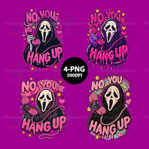 Op de afbeelding: Vier digitale illustraties op een paarse achtergrond. Elk bevat een Ghostface-personage met een roze telefoon, met de zinnen "NO YOU" en "HANG UP" in roze en wit. Sterren en harten accentueren de ontwerpen.