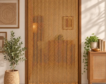 Handmade Wooden Bead Doorway Curtain | Light Brown Room Divider, Custom Size