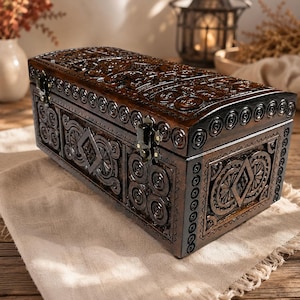 Hand Carved Walnut Jewelry Box: Velvet Lined Keepsake Chest
