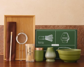 Handmade Ceramic Matcha Bowl 7 Pieces Set with Jar: Japanese Tea Ceremony Kit