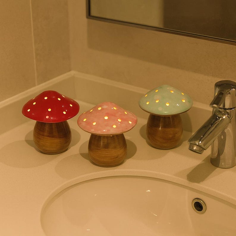 Op de afbeelding: Drie paddestoelvormige decoratieve lampen met houten voetjes en gekleurde kappen. De kappen zijn rood, roze en groen, elk met kleine, gelijkmatig verdeelde gaatjes. De lampen staan op een wit oppervlak.