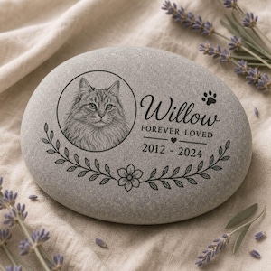 May include: A smooth grey memorial stone featuring an engraved portrait of a cat inside a circle. To the right, the text reads Willow, FOREVER LOVED, and 2012 - 2024, accompanied by a paw print and a small heart. A floral vine design borders the bottom.
