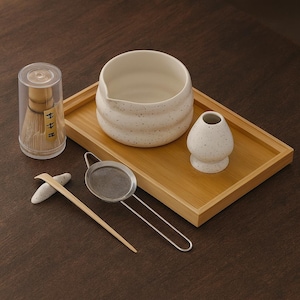 Handmade Ceramic Matcha Bowl 7 Pieces Set: Wave shape white, Japanese Tea Ceremony Kit