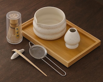 Set di 7 ciotole per Matcha in ceramica fatte a mano: forma a onda, bianche, kit per la cerimonia del tè giapponese