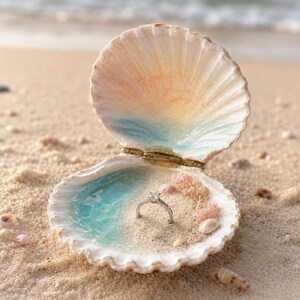 May include: A silver ring with a single clear stone set inside an open seashell. The interior of the shell is painted with a blue and white gradient to resemble ocean water meeting a sandy beach, complete with small pink textured accents.