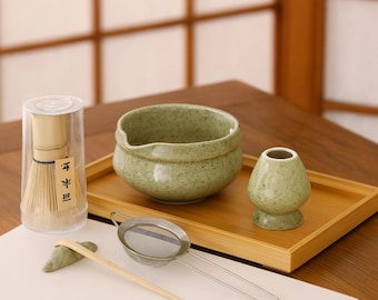 Handmade Ceramic Matcha Bowl Green 7 Pieces Set: Japanese Tea Ceremony Kit