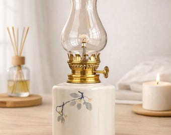 Lámpara de aceite de cerámica hecha a mano / Farol de cristal vintage con estampado floral azul